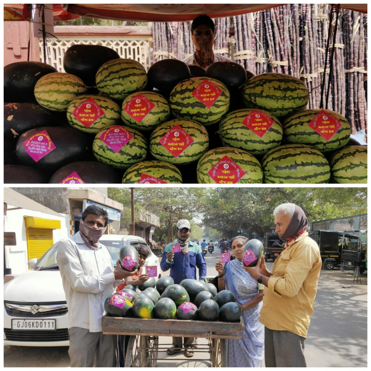 પોરબંદરમાં તરબુચ અને લીલા નાળિયેર પર મતદાન જાગૃતિના સ્ટીકર લગાવી કરાયો નવતર પ્રયોગ
